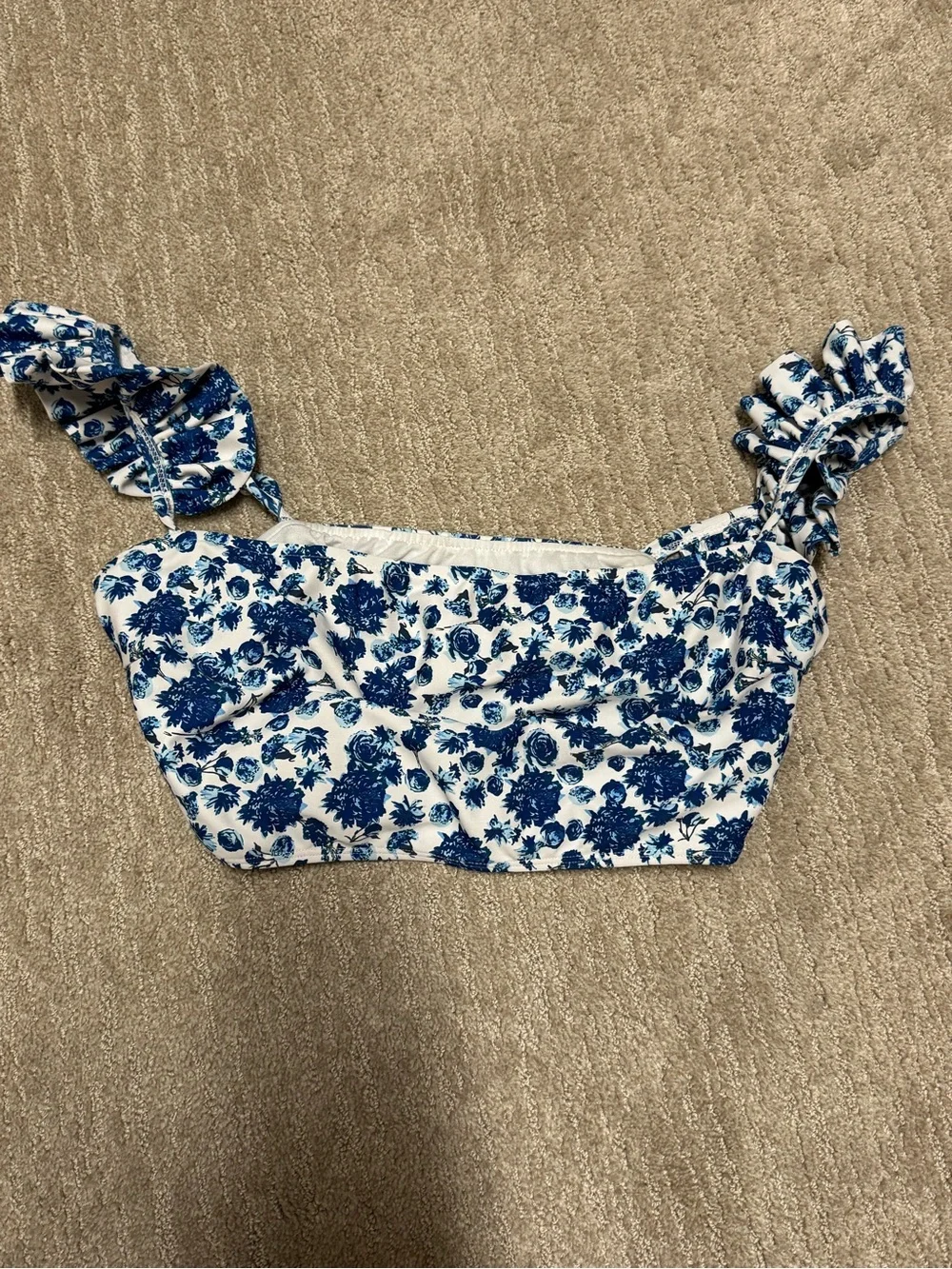 Albion Blue and White Floral Ruffle Strap Bikini Top